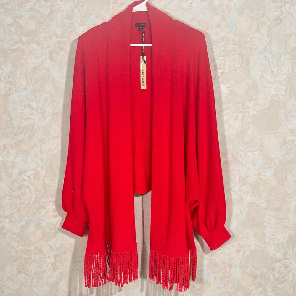 Coco + Carmen Vibrant Red Women's wrap Poncho with Fringe